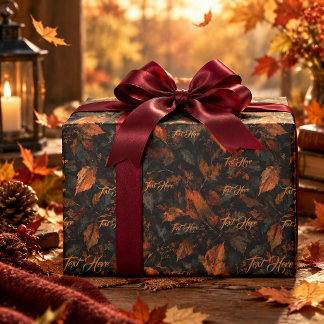 Papel De Regalo Patrón de texto personalizado de hojas de otoño co
