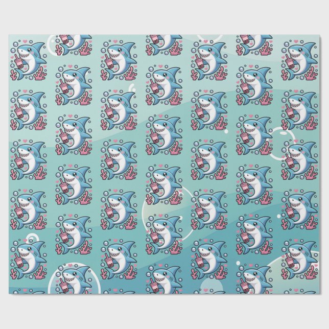 Papel De Regalo Patrón de tiburón Kawaii Boba (Superficie plana)