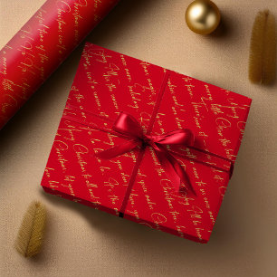 Papel De Regalo Patrón de tipografía de Navidad Red Gold Christmas