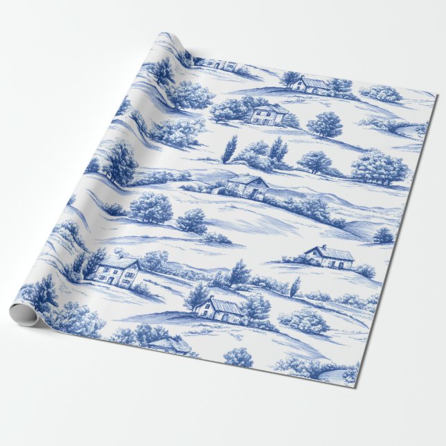 Papel De Regalo Patrón de Toile Botánico Azul (Desenrollado)