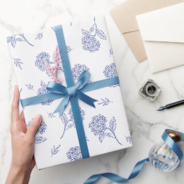 Papel De Regalo Patrón de toile botánico de hortensia azul y blanc