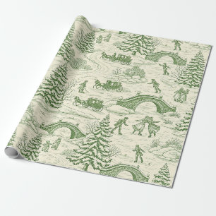 Papel De Regalo Patrón de Toile de Invierno Verde Crema Victoriano