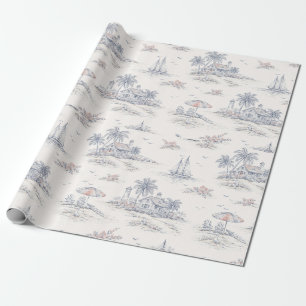 Papel De Regalo Patrón de Toile Francés Tropical Costero Azul