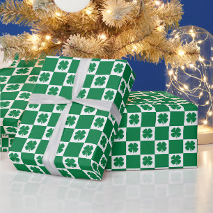 Papel De Regalo Patrón de trébol de Shamrock verde y blanco contro