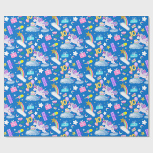 Papel De Regalo Patrón de Unicornio Cumpleaños 10 Azul