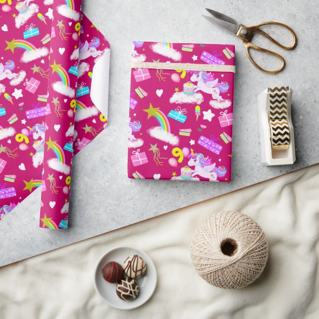 Papel De Regalo Patrón de Unicornio para el 9º Cumpleaños (Artesanía)