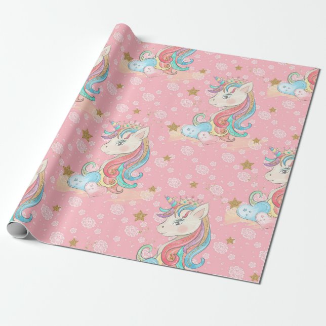 Papel De Regalo Patrón de unicornio rosa (Desenrollado)