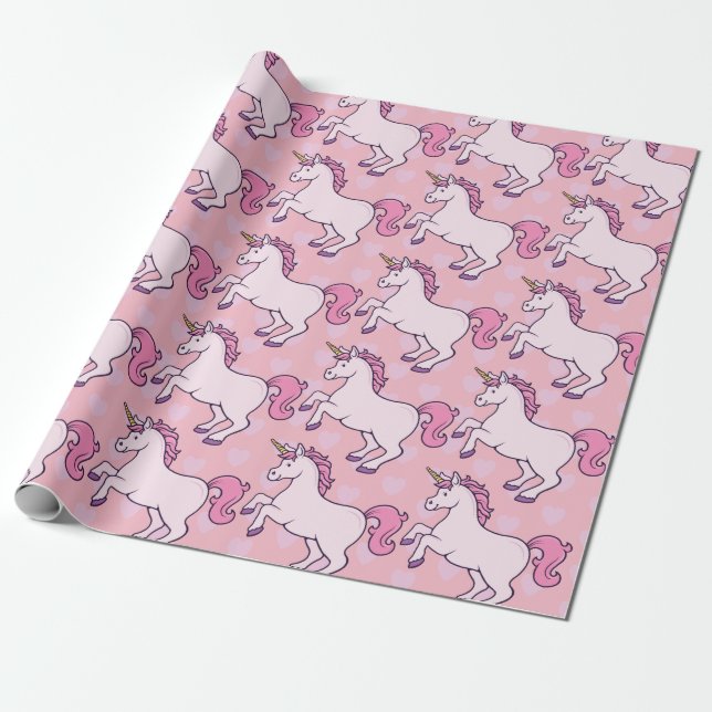 Papel De Regalo Patrón de unicornio y corazón de personalizable (Desenrollado)
