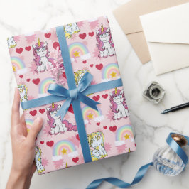 Papel De Regalo Patrón de unicornios, arcoíris y corazones