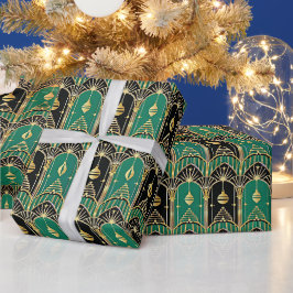 Papel De Regalo Patrón de vacaciones Art Déco esmeralda y negro