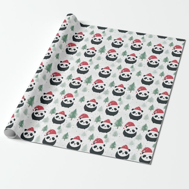 Papel De Regalo Patrón de vacaciones de Kawaii Panda Santa (Desenrollado)