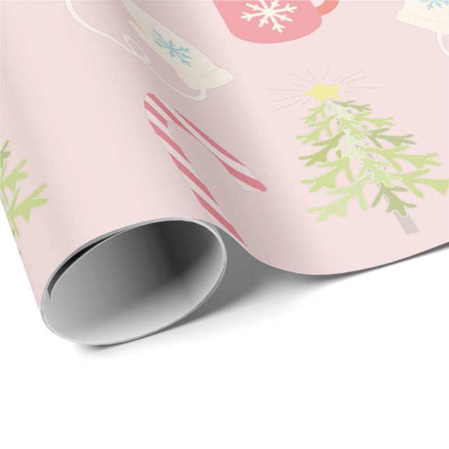 Papel De Regalo Patrón de vacaciones de Navidades rosados (Esquina del rollo)