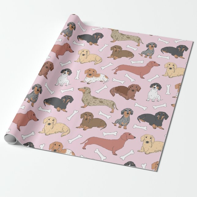 Papel De Regalo patrón de variedad dachshund en rosa (Desenrollado)