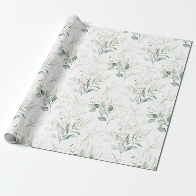 Papel De Regalo Patrón de vegetación floral Mint Green Pastel (Desenrollado)