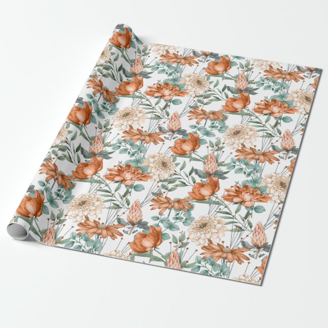 Papel De Regalo Patrón de vegetación floral Naranja quemada (Desenrollado)