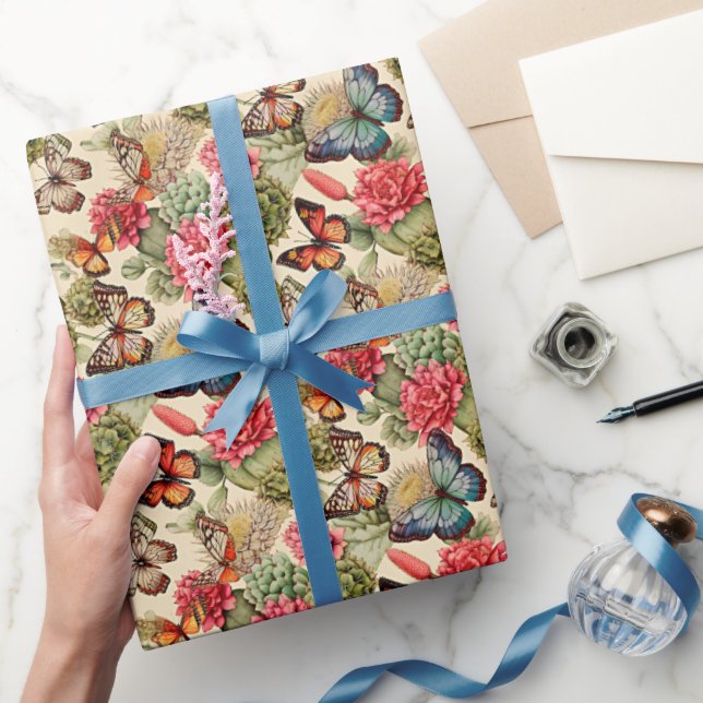 Papel De Regalo Patrón de verano brillante con mariposas y cactus (Regalar)