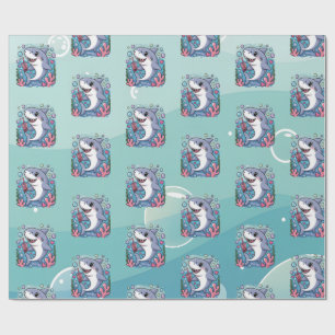 Papel De Regalo Patrón de vibraciones oceánicas de tiburón Kawaii 