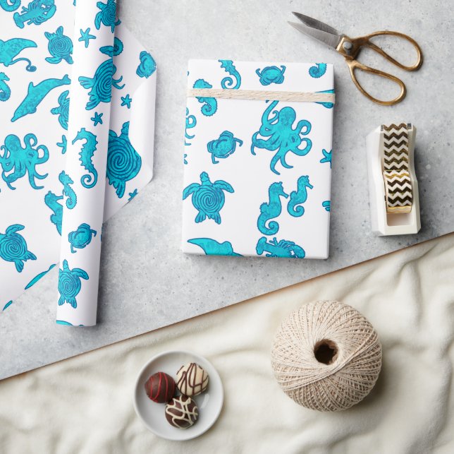 Papel De Regalo Patrón de vida marina azul sobre blanco (Artesanía)