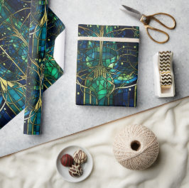 Papel De Regalo Patrón de vidrio tintado de árbol celestial verde 