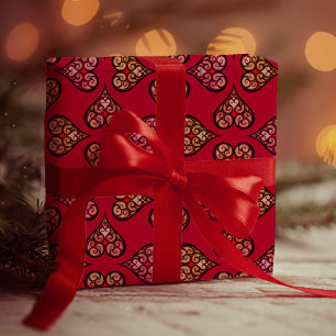 Papel De Regalo Patrón de Vintage Rojo de Corazones de Boho Elegan