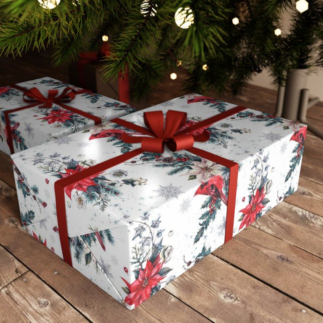 Papel De Regalo Patrón del cardenal ventilado de Navidad Poinsetti (Vintage Christmas Cardinal Poinsettia Pattern Wrapping Paper)