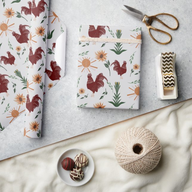 Papel De Regalo Patrón del gallo de arte popular Sunshine (Artesanía)