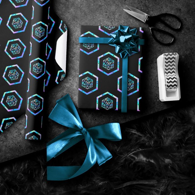 Papel De Regalo Patrón del holograma D20 | PnP Tabletop Gamer Dice (Subido por el creador)