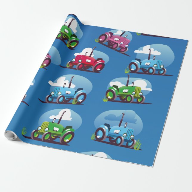 Papel De Regalo Patrón del tractor (fondo azul) (Desenrollado)