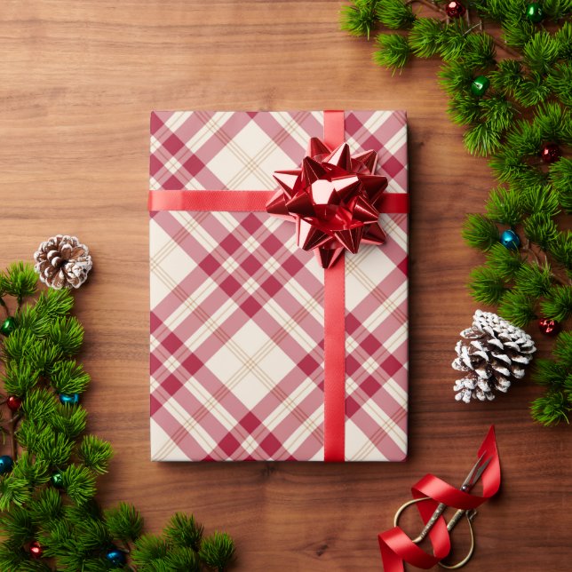 Papel De Regalo Patrón diagonal de plaid clásico burgundy blanco (Regalo de vacaciones)