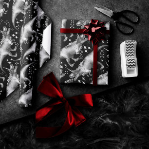 Papel De Regalo Patrón Dinocorn Silver   Fantasía en blanco y negr