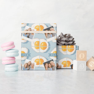 Papel De Regalo Patrón Divertido Azul de Huevo Frito Personalizado