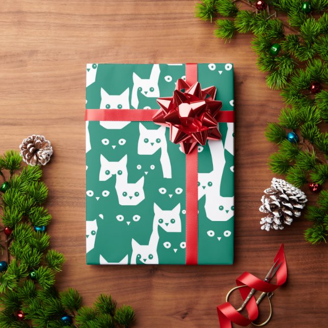 Papel De Regalo Patrón divertido de gatos Pepper Green (Regalo de vacaciones)