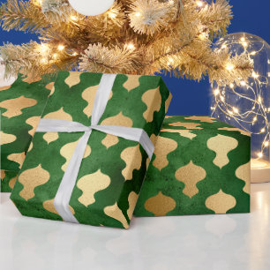 Papel De Regalo Patrón elegante de adornos navideños de oro verde