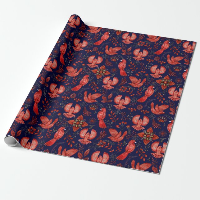 Papel De Regalo Patrón Elegante De Aves Rojas, Plantas En Azul (Desenrollado)