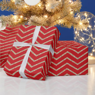 Papel De Regalo Patrón elegante de chevron rojo y purpurina dorado