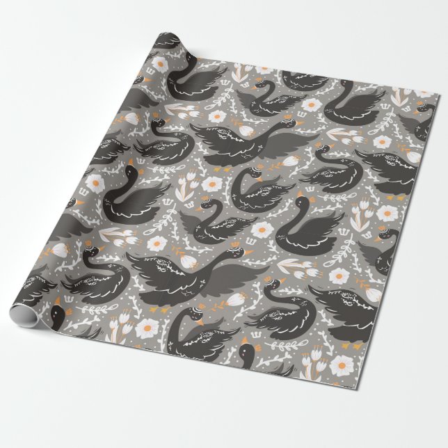Papel De Regalo Patrón elegante de cisne negro floral (Desenrollado)