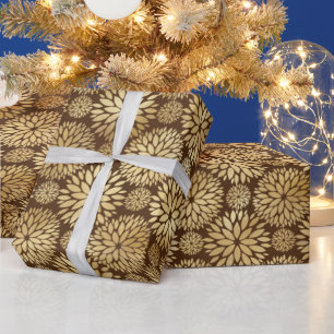 Papel De Regalo Patrón elegante de Dahlias marrones y dorados