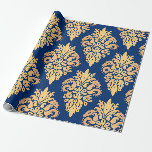 Papel De Regalo Patrón elegante de damasco azul y dorado clásico