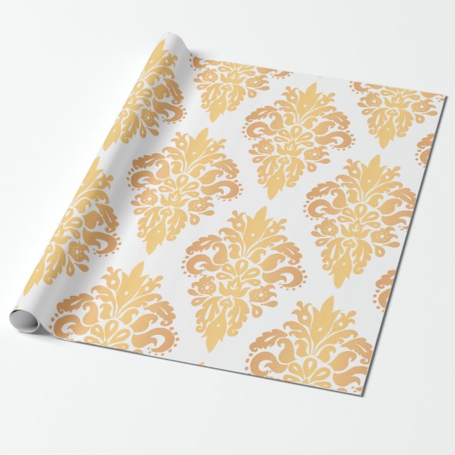 Papel De Regalo Patrón elegante de Damasco clásico blanco y dorado (Desenrollado)