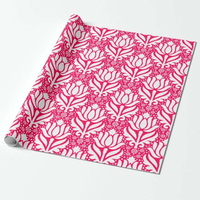 Papel De Regalo Patrón elegante de Damasco de Flor de Lotus rosa  (Desenrollado)