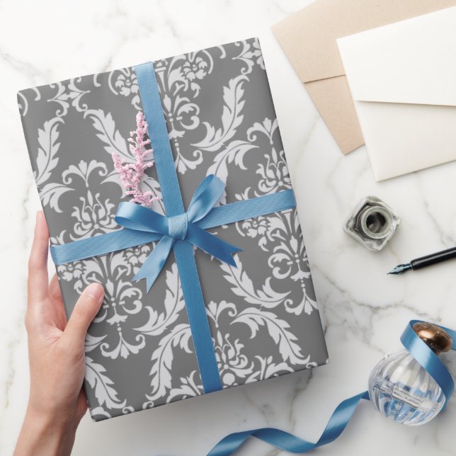 Papel De Regalo Patrón elegante de Damasco gris (Regalar)