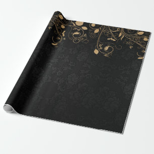 Papel De Regalo Patrón elegante de Damasco negro y dorado
