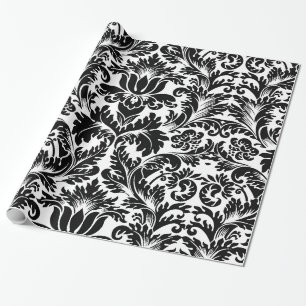 Papel De Regalo Patrón elegante de damascos barrocos blancos y neg