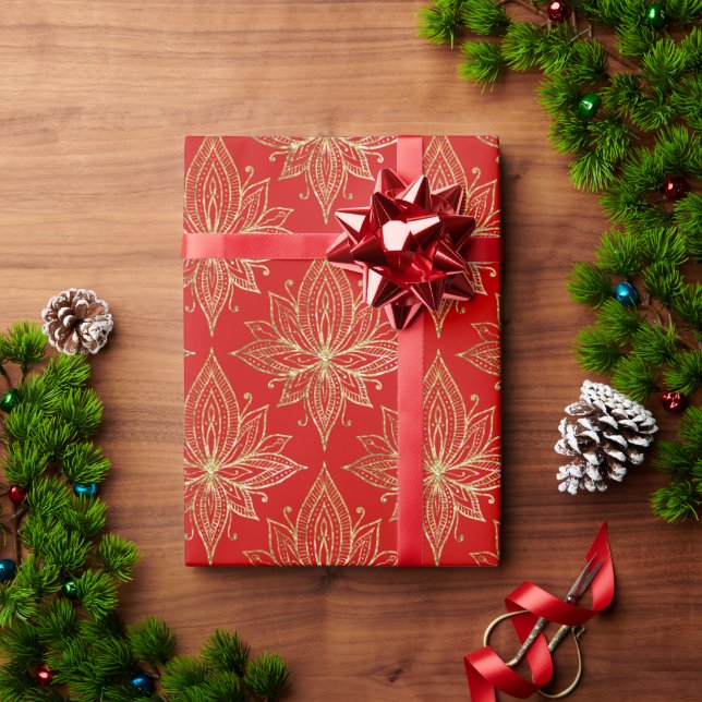 Papel De Regalo Patrón elegante de flores de oro rojo Lotus (Regalo de vacaciones)