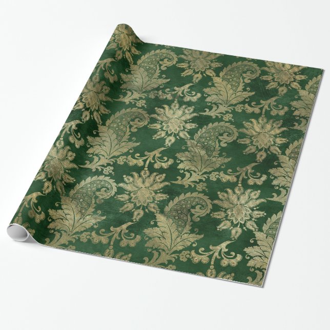 Papel De Regalo Patrón elegante de Glam Green Gold Paisley (Desenrollado)