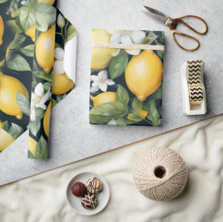 Papel De Regalo Patrón elegante de limón acuoso sobre flor blanca