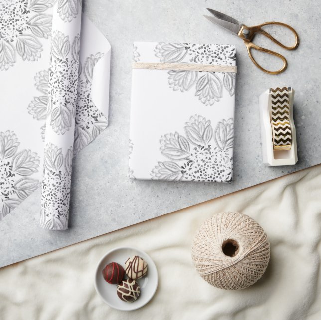 Papel De Regalo Patrón elegante de Mandala floral blanco y negro (Artesanía)