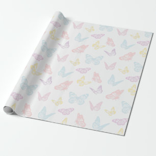 Papel De Regalo Patrón elegante de mariposa azul rosa pastel blanc