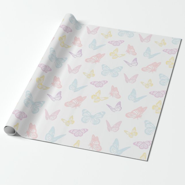 Papel De Regalo Patrón elegante de mariposa azul rosa pastel blanc (Desenrollado)