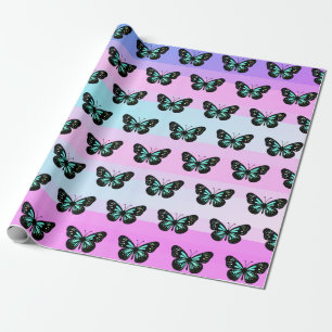Papel De Regalo Patrón elegante de mariposa azul y negro